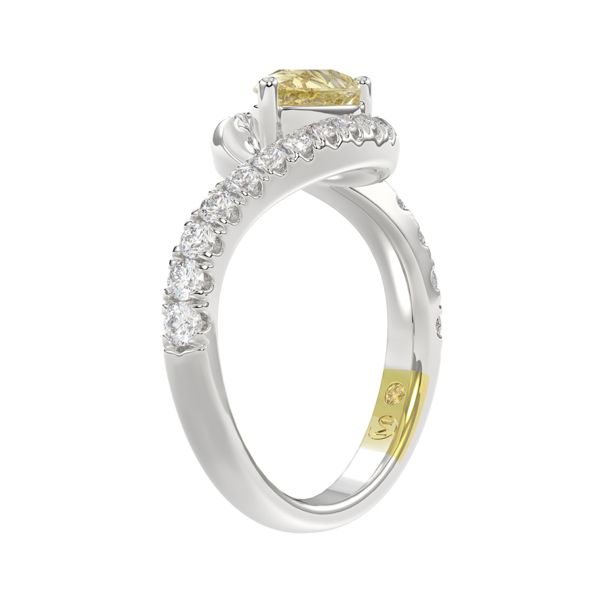 14K WHITE GOLD CRAFTED WITH 18K YELLOW GOLD SHANK  1 1/2CT ROUND/YELLOW PEAR DIAMOND LADIES RING