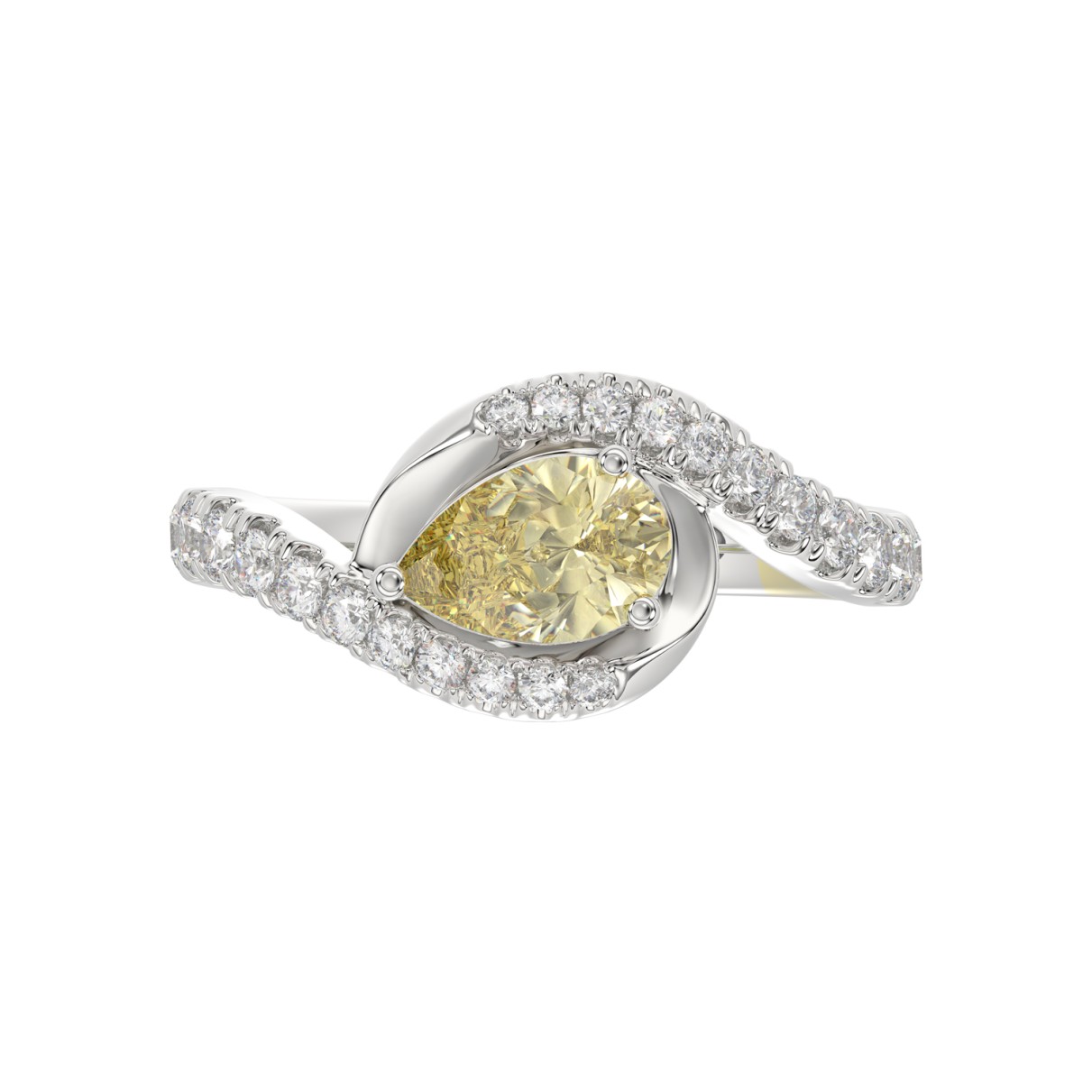 14K WHITE GOLD CRAFTED WITH 18K YELLOW GOLD SHANK  1 1/2CT ROUND/YELLOW PEAR DIAMOND LADIES RING