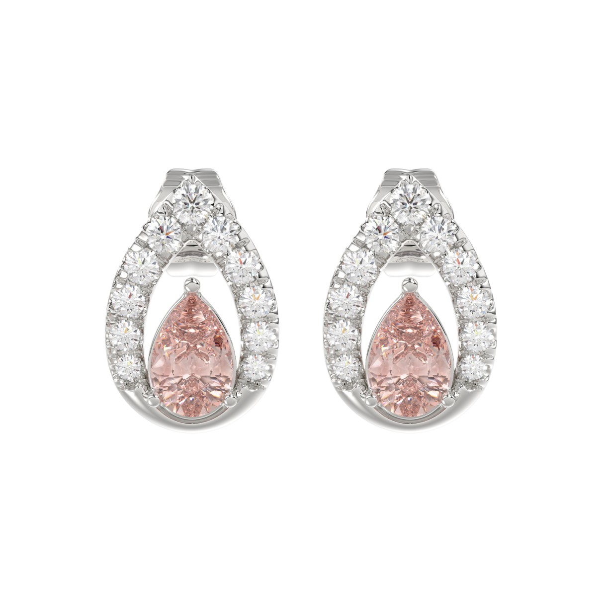 14K WHITE GOLD CRAFTED WITH 18K YELLOW GOLD BACK PLATE 1 1/2CT ROUND/PINK PEAR DIAMOND LADIES EARRINGS