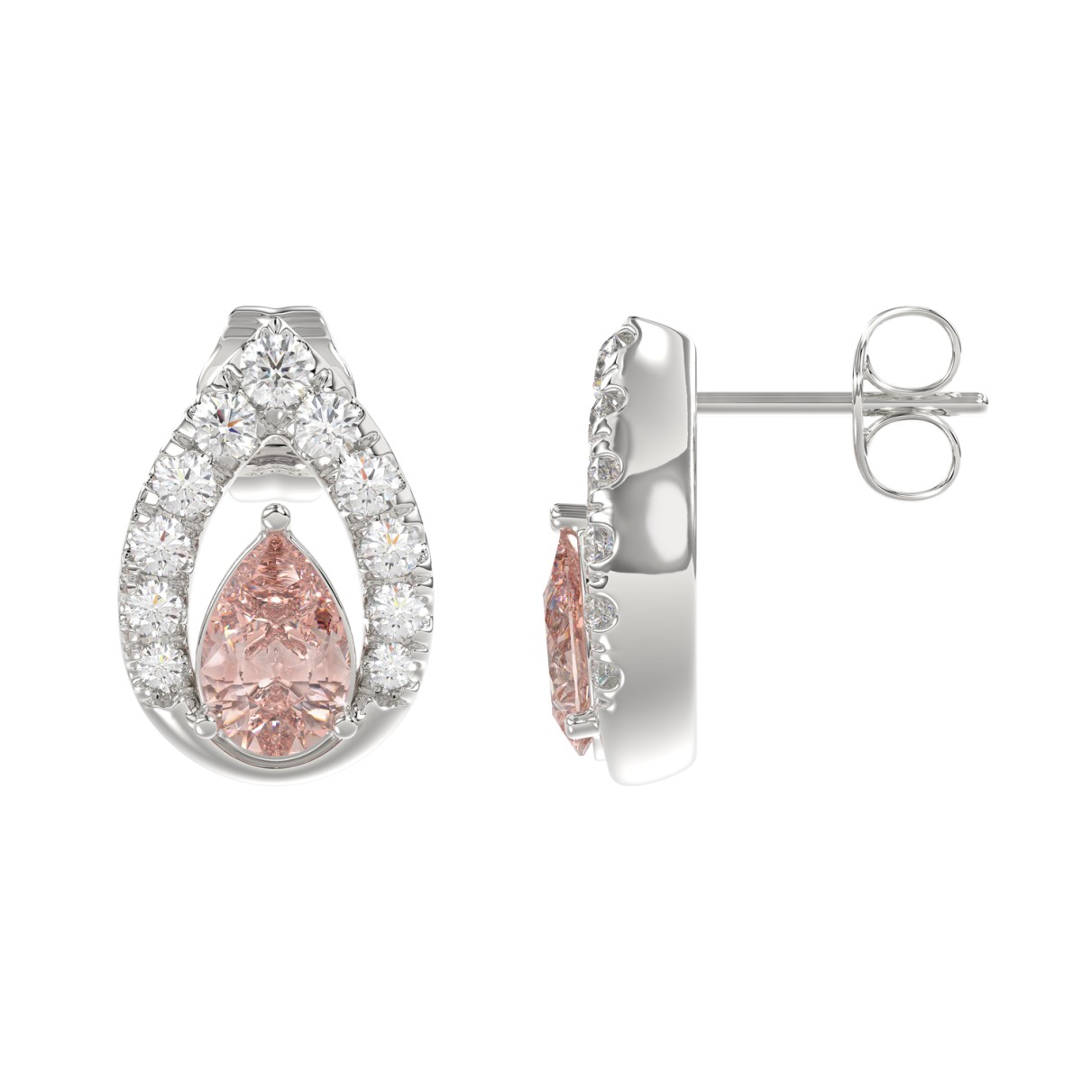 14K WHITE GOLD CRAFTED WITH 18K YELLOW GOLD BACK PLATE 1 1/2CT ROUND/PINK PEAR DIAMOND LADIES EARRINGS