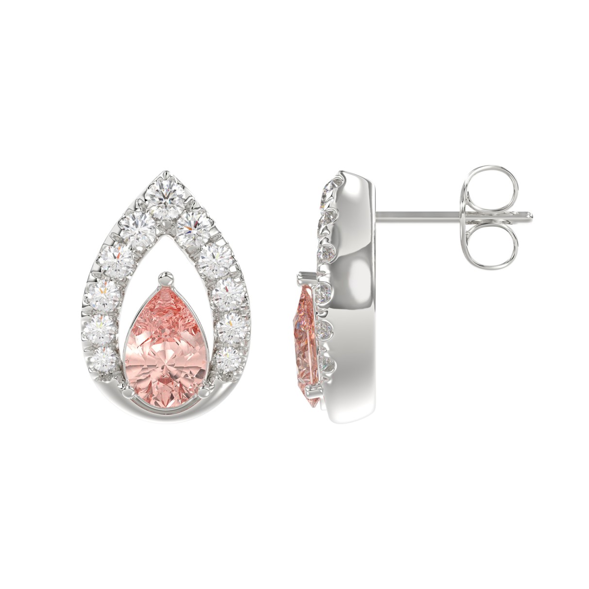 14K WHITE GOLD CRAFTED WITH 18K YELLOW GOLD BACK PLATE 1 1/2CT ROUND/PINK PEAR DIAMOND LADIES EARRINGS