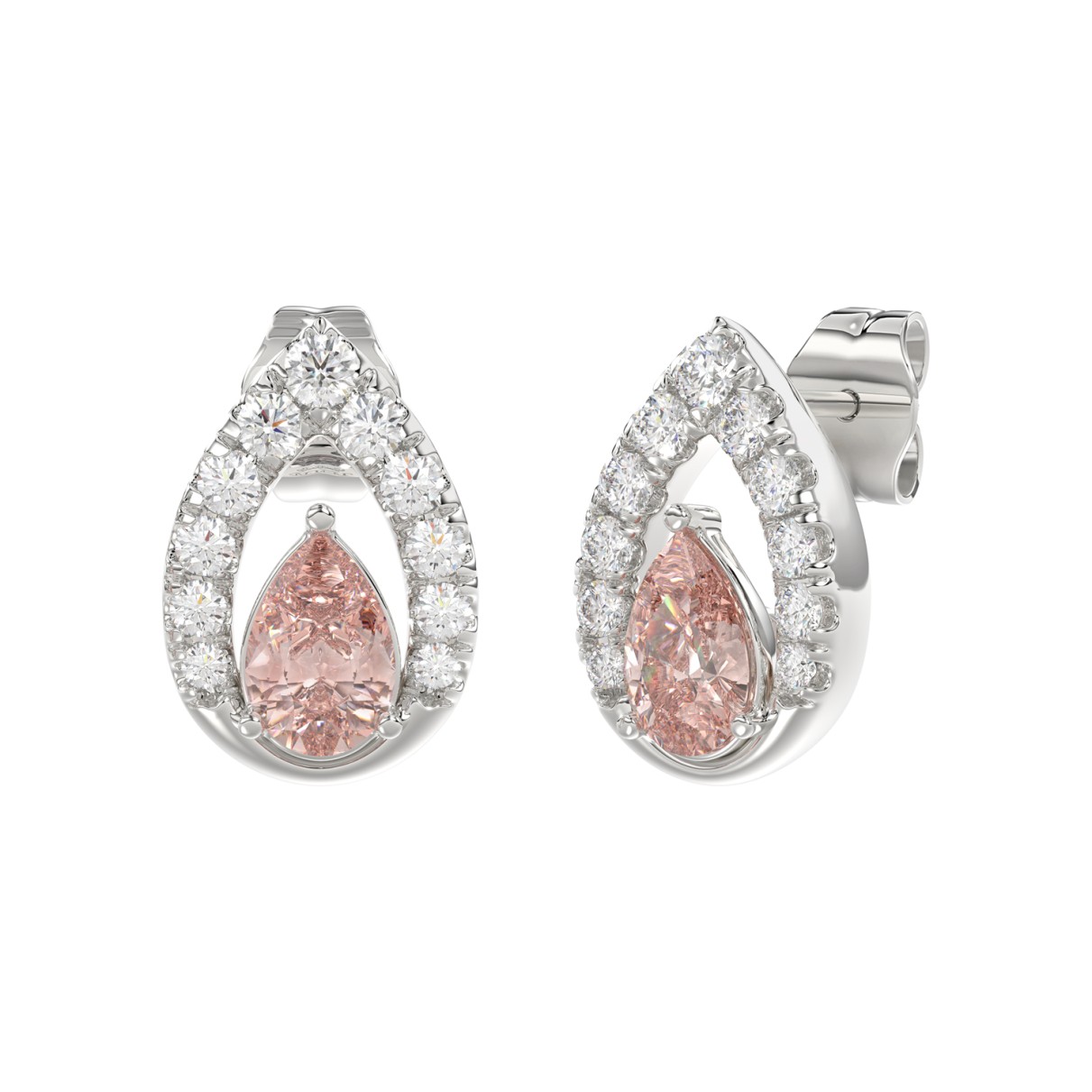 14K WHITE GOLD CRAFTED WITH 18K YELLOW GOLD BACK PLATE 1 1/2CT ROUND/PINK PEAR DIAMOND LADIES EARRINGS