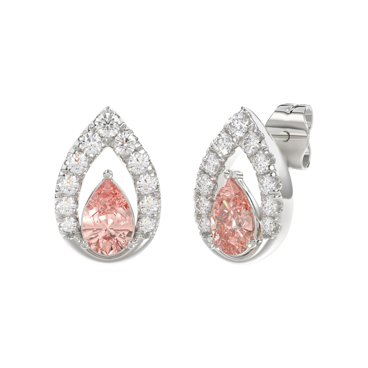 14K WHITE GOLD CRAFTED WITH 18K YELLOW GOLD BACK PLATE 1 1/2CT ROUND/PINK PEAR DIAMOND LADIES EARRINGS