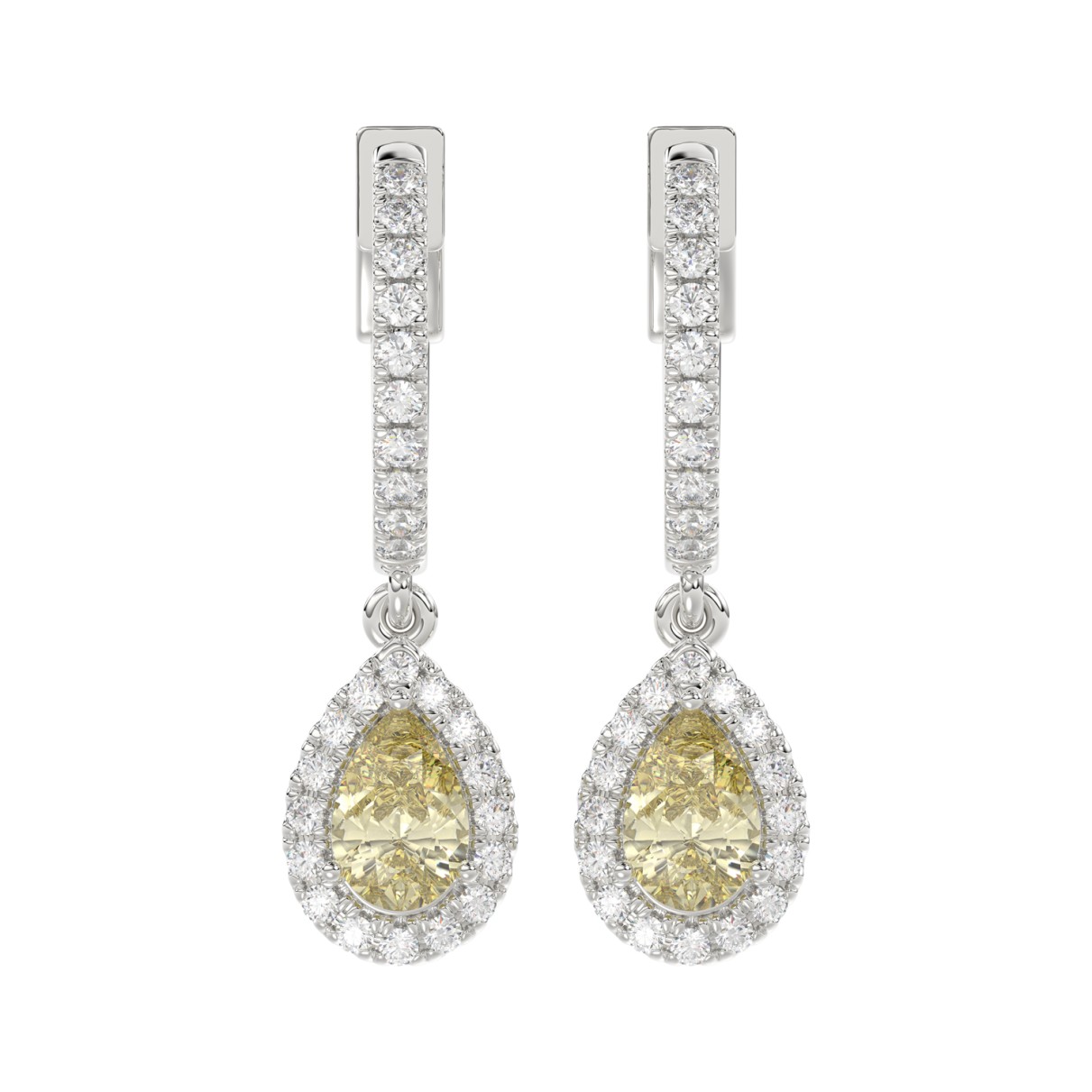 14K WHITE GOLD CRAFTED WITH 18K YELLOW GOLD BACK PLATE 1 1/2CT ROUND/YELLOW PEAR  DIAMOND LADIES EARRINGS