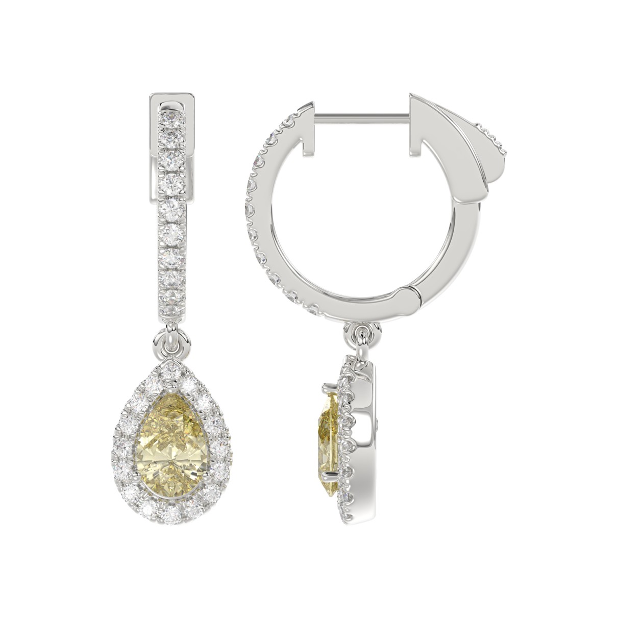 14K WHITE GOLD CRAFTED WITH 18K YELLOW GOLD BACK PLATE 1 1/2CT ROUND/YELLOW PEAR  DIAMOND LADIES EARRINGS