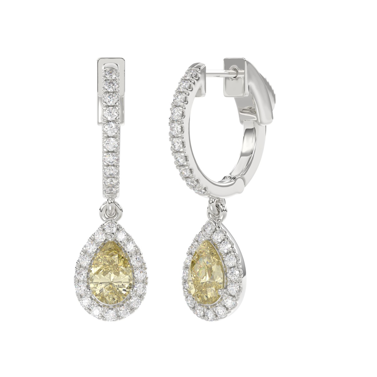 14K WHITE GOLD CRAFTED WITH 18K YELLOW GOLD BACK PLATE 1 1/2CT ROUND/YELLOW PEAR  DIAMOND LADIES EARRINGS