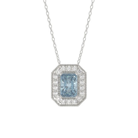 14K WHITE GOLD CRAFTED WITH 18K YELLOW GOLD BACK PLATE 1 1/4CT ROUND/BLUE EMERALD DIAMOND LADIES PENDANT WITH CHAIN