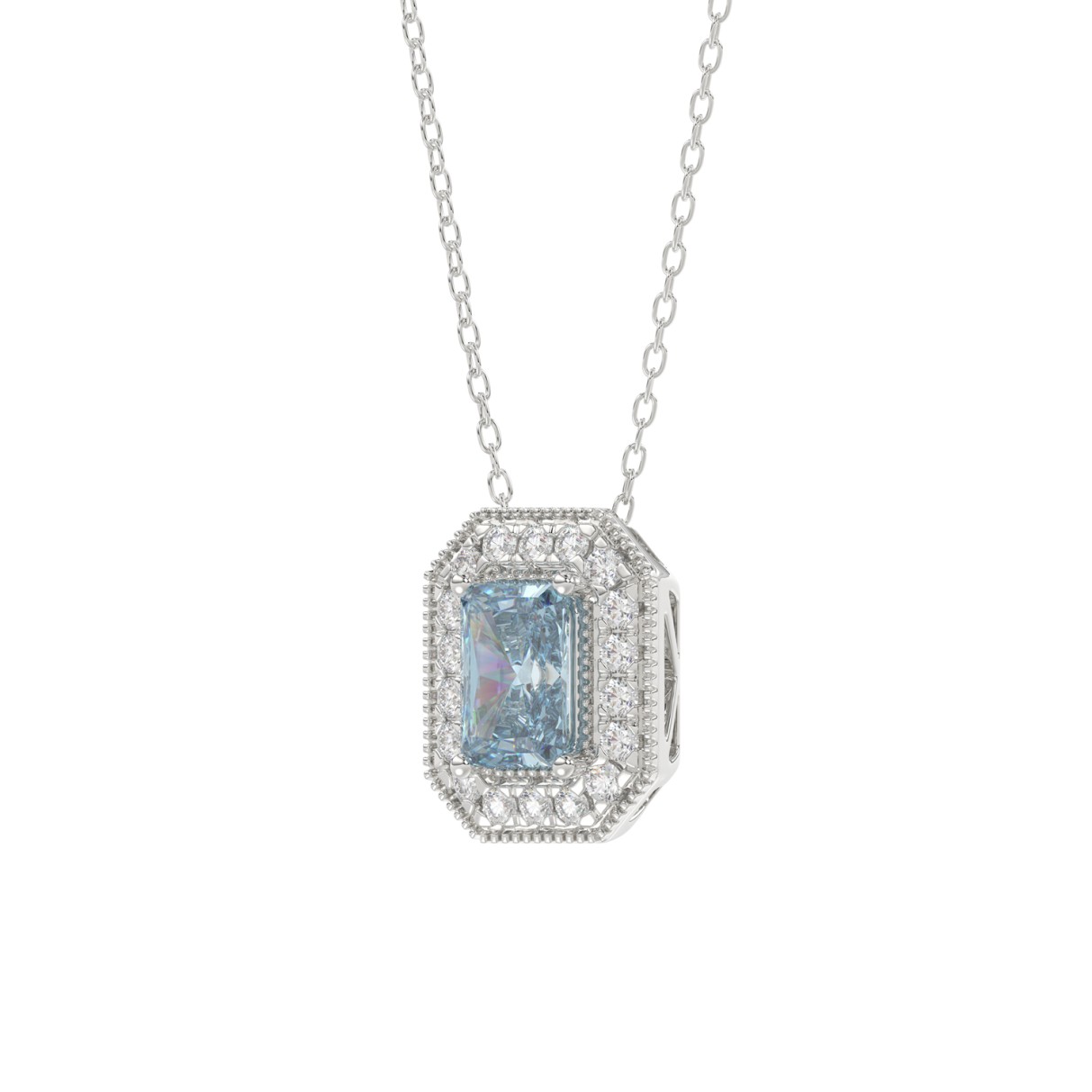 14K WHITE GOLD CRAFTED WITH 18K YELLOW GOLD BACK PLATE 1 1/4CT ROUND/BLUE EMERALD DIAMOND LADIES PENDANT WITH CHAIN