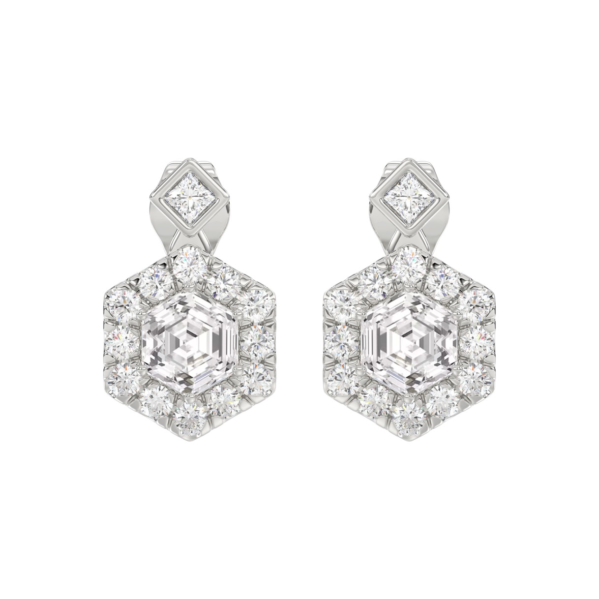 14KWHITE GOLD 2 1/4CT ROUND/HEXAGON STEP CUT DIAMOND LADIES EARRINGS
