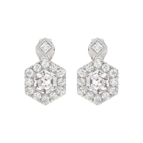 14KWHITE GOLD 2 1/4CT ROUND/HEXAGON STEP CUT DIAMOND LADIES EARRINGS