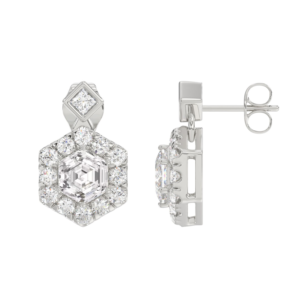 14KWHITE GOLD 2 1/4CT ROUND/HEXAGON STEP CUT DIAMOND LADIES EARRINGS