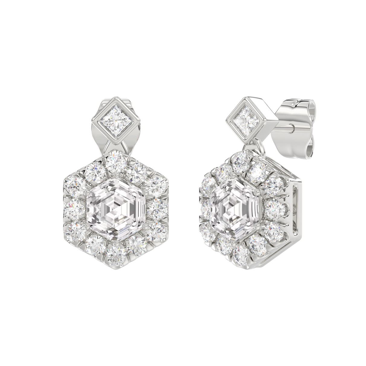 14KWHITE GOLD 2 1/4CT ROUND/HEXAGON STEP CUT DIAMOND LADIES EARRINGS