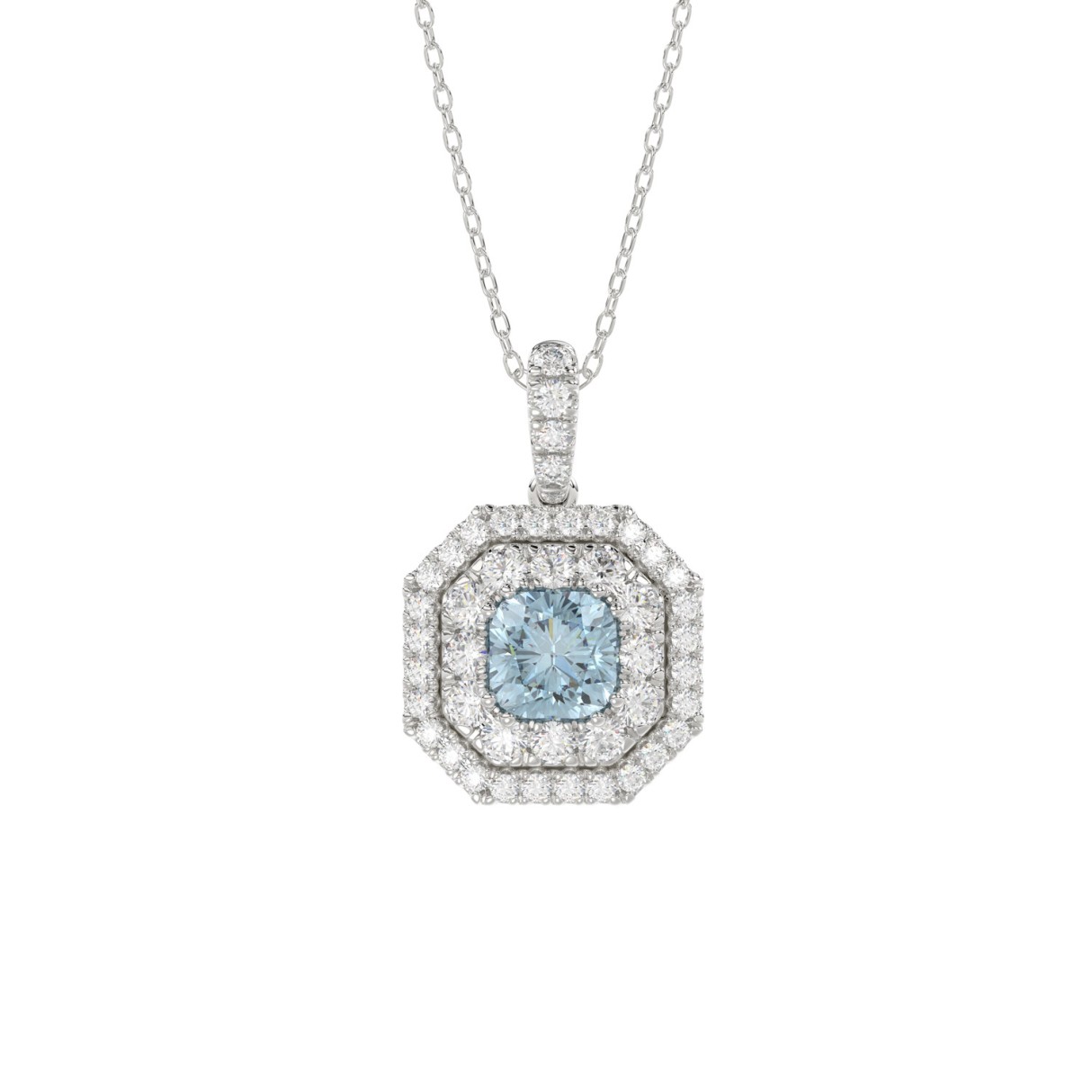 14K WHITE GOLD 1 1/2CT ROUND/BLUE CUSHION DIAMOND LADIES PENDANT WITH CHAIN