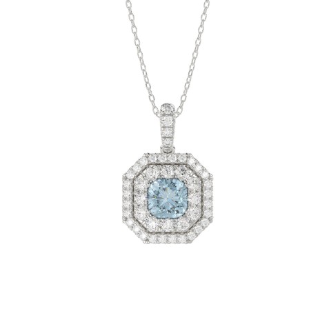 14K WHITE GOLD 1 1/2CT ROUND/BLUE CUSHION DIAMOND LADIES PENDANT WITH CHAIN