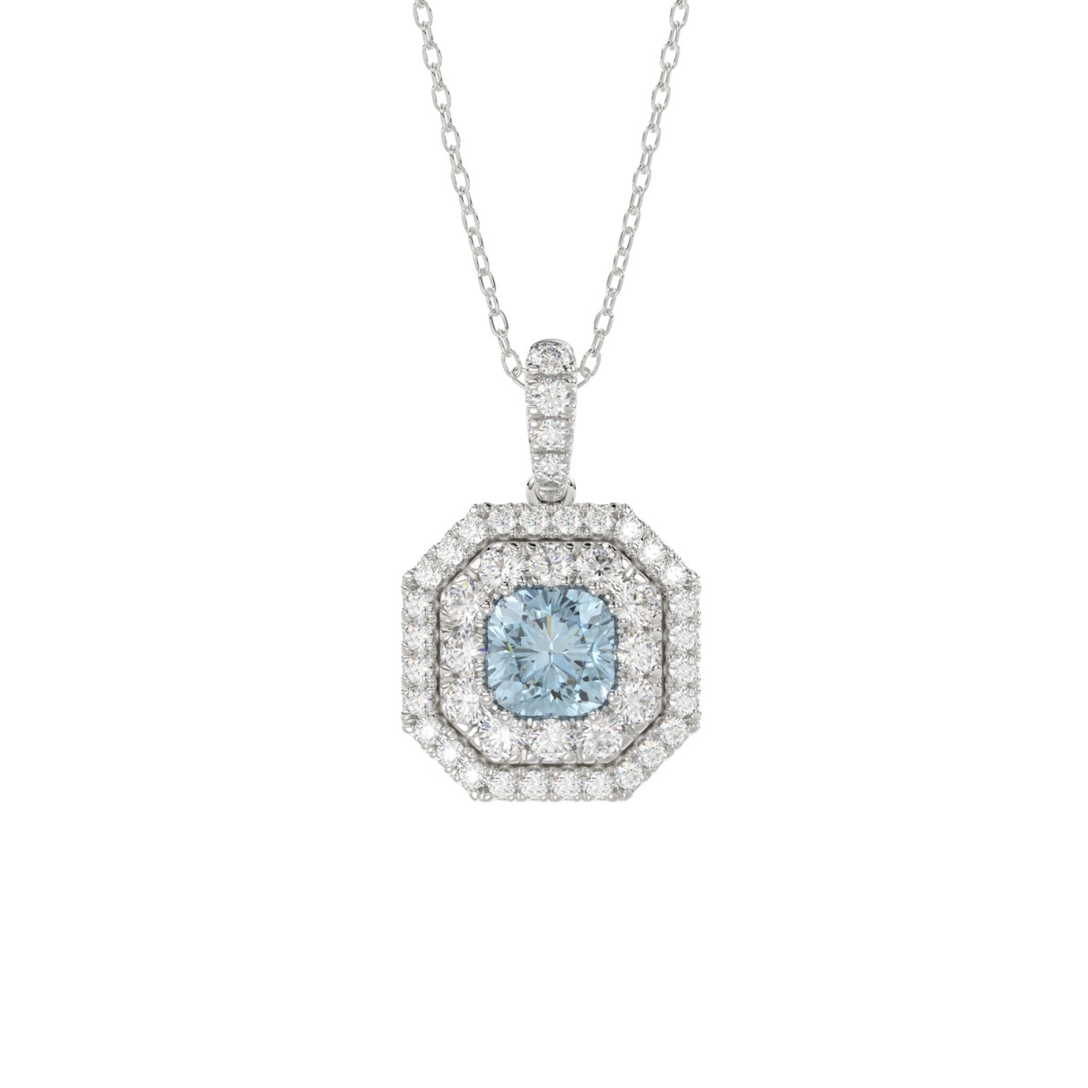 14K WHITE GOLD CRAFTED WITH 18K YELLOW GOLD BACK PLATE 1 1/2CT ROUND/BLUE SAPPHIRE CUSHION DIAMOND LADIES PENDANT WITH CHAIN 