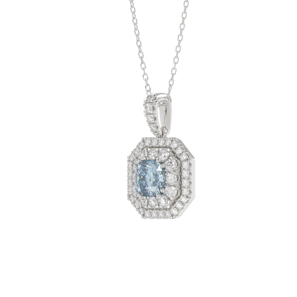 14K WHITE GOLD 1 1/2CT ROUND/BLUE CUSHION DIAMOND LADIES PENDANT WITH CHAIN