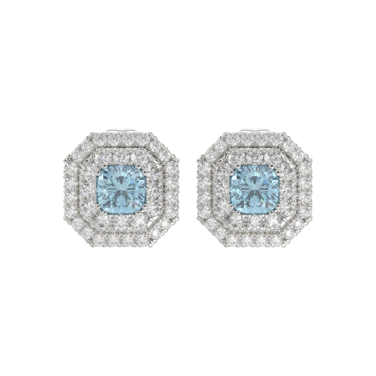 14K WHITE GOLD CRAFTED WITH 18K YELLOW GOLD BACK PLATE 1 1/2CT ROUND/BLUE SAPPHIRE CUSHION DIAMOND LADIES EARRINGS