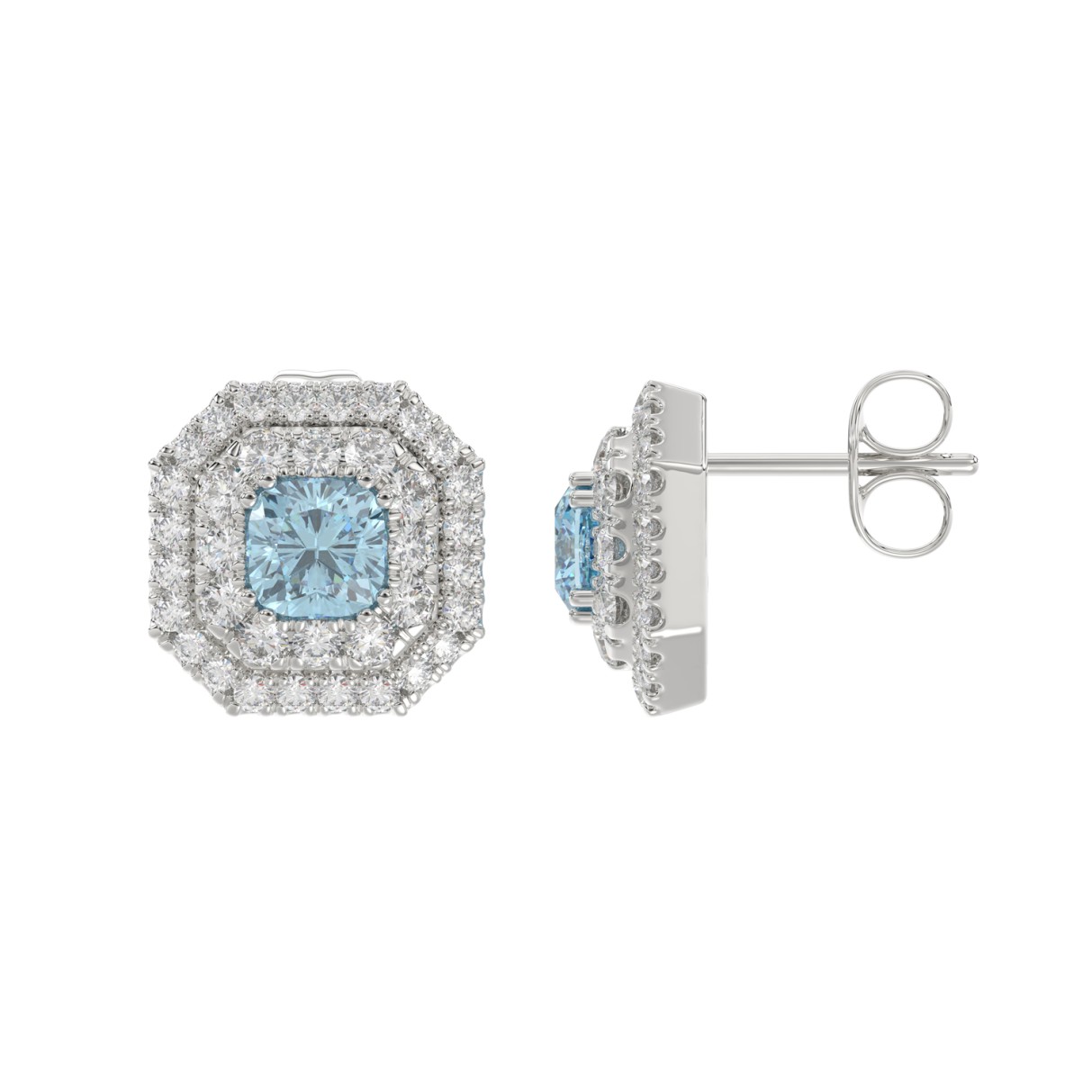 14K WHITE GOLD CRAFTED WITH 18K YELLOW GOLD BACK PLATE 1 1/2CT ROUND/BLUE SAPPHIRE CUSHION DIAMOND LADIES EARRINGS