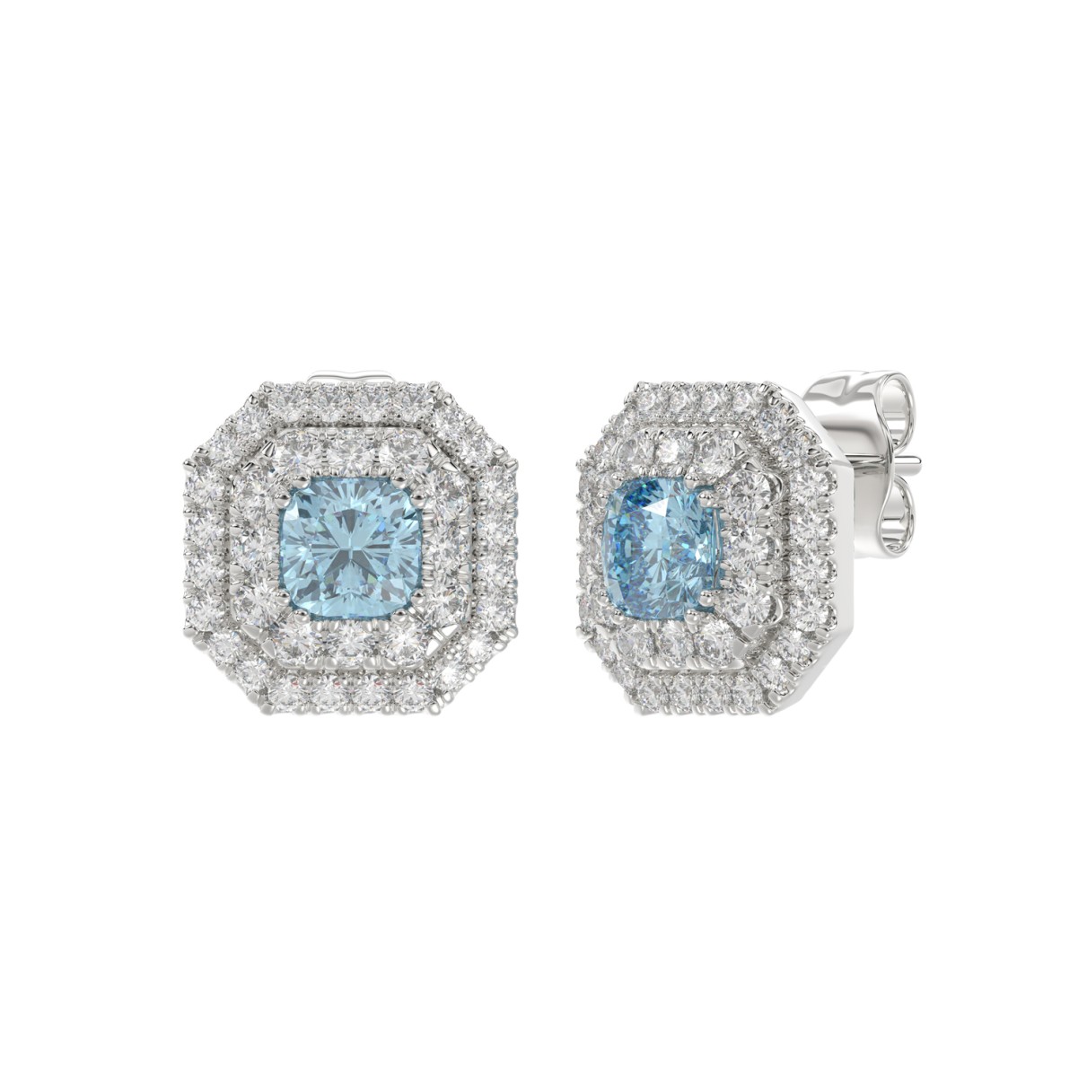 14K WHITE GOLD CRAFTED WITH 18K YELLOW GOLD BACK PLATE 1 1/2CT ROUND/BLUE SAPPHIRE CUSHION DIAMOND LADIES EARRINGS