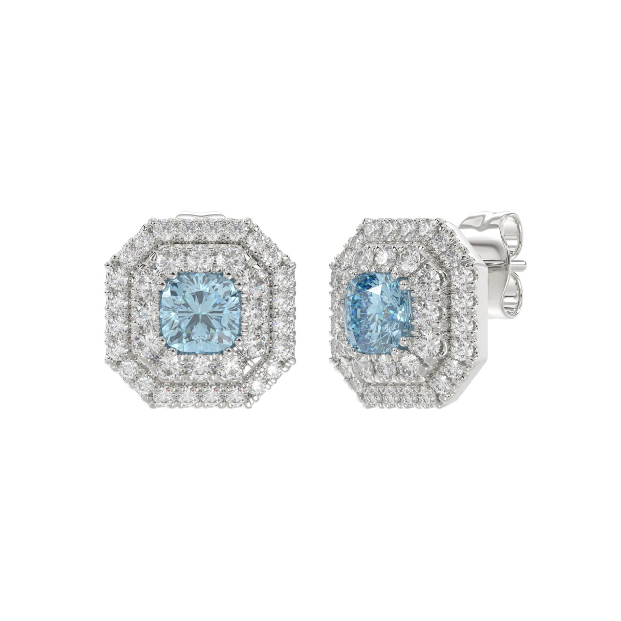 14K WHITE GOLD CRAFTED WITH 18K YELLOW GOLD BACK PLATE 1 1/2CT ROUND/BLUE SAPPHIRE CUSHION DIAMOND LADIES EARRINGS