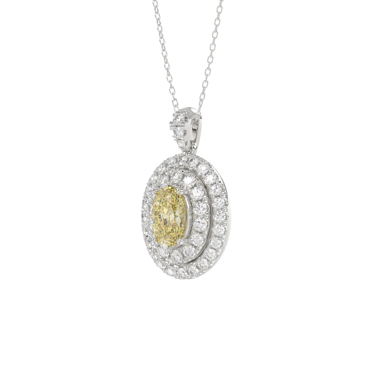 14K WHITE GOLD CRAFTED WITH 18K YELLOW GOLD BACK PLATE 2 1/3CT ROUND/YELLOW OVAL DIAMOND LADIES PENDANT WITH CHAIN