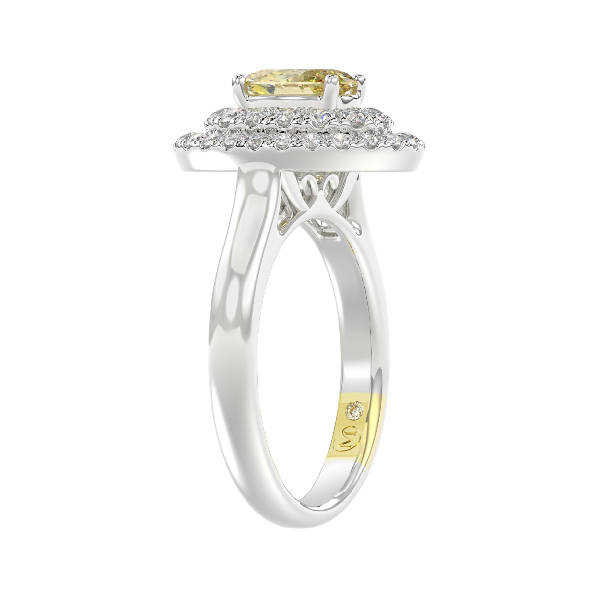 14K WHITE GOLD CRAFTED WITH 18K YELLOW GOLD SHANK  1 1/2CT ROUND/YELLOW OVAL DIAMOND LADIES RING