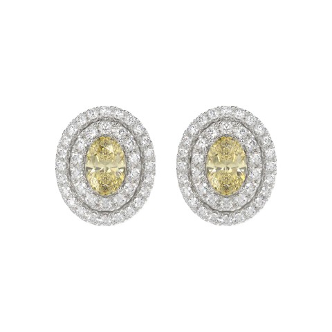 14K WHITE GOLD CRAFTED WITH 18K YELLOW GOLD BACK PLATE 1 3/4CT ROUND/YELLOW OVAL DIAMOND LADIES EARRINGS