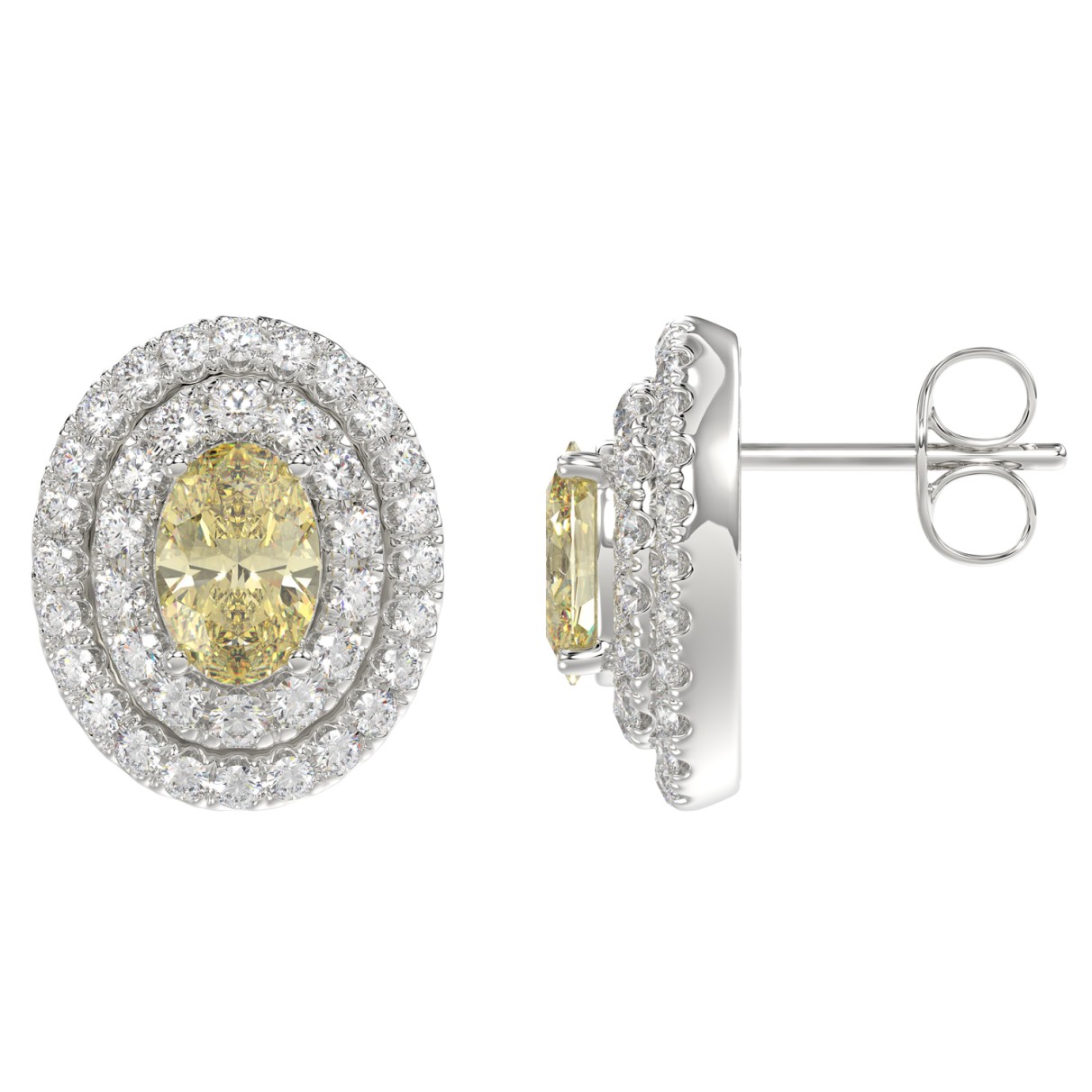 14K WHITE GOLD CRAFTED WITH 18K YELLOW GOLD BACK PLATE 1 3/4CT ROUND/YELLOW OVAL DIAMOND LADIES EARRINGS