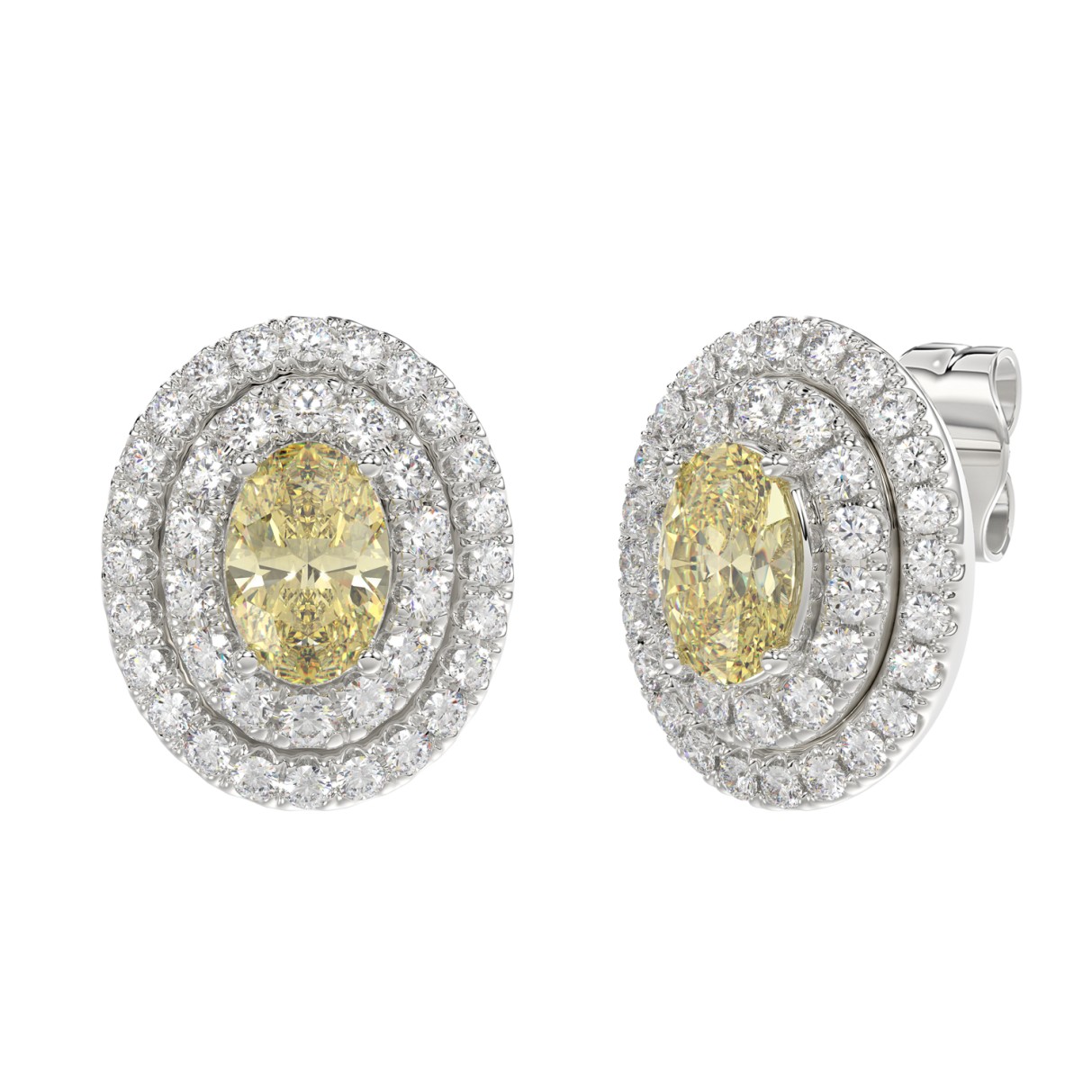 14K WHITE GOLD CRAFTED WITH 18K YELLOW GOLD BACK PLATE 1 3/4CT ROUND/YELLOW OVAL DIAMOND LADIES EARRINGS