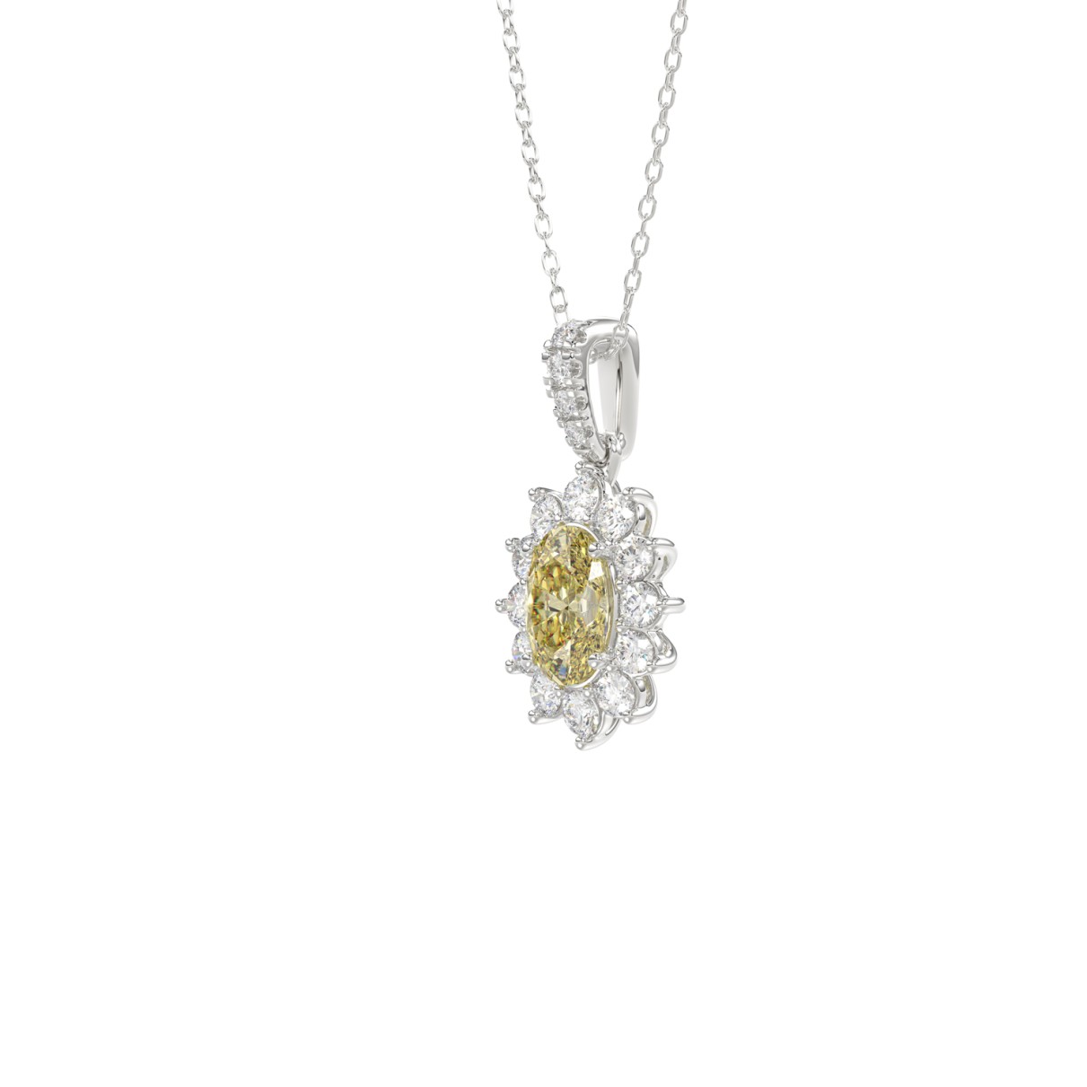 14K WHITE GOLD CRAFTED WITH 18K YELLOW GOLD BACK PLATE 1 1/2CT ROUND/YELLOW OVAL DIAMOND LADIES PENDANT WITH CHAIN 