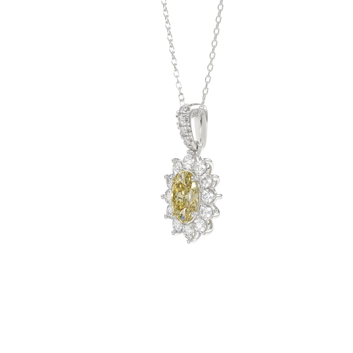 14K WHITE GOLD 1 1/2CT ROUND/YELLOW OVAL DIAMOND LADIES PENDANT WITH CHAIN 