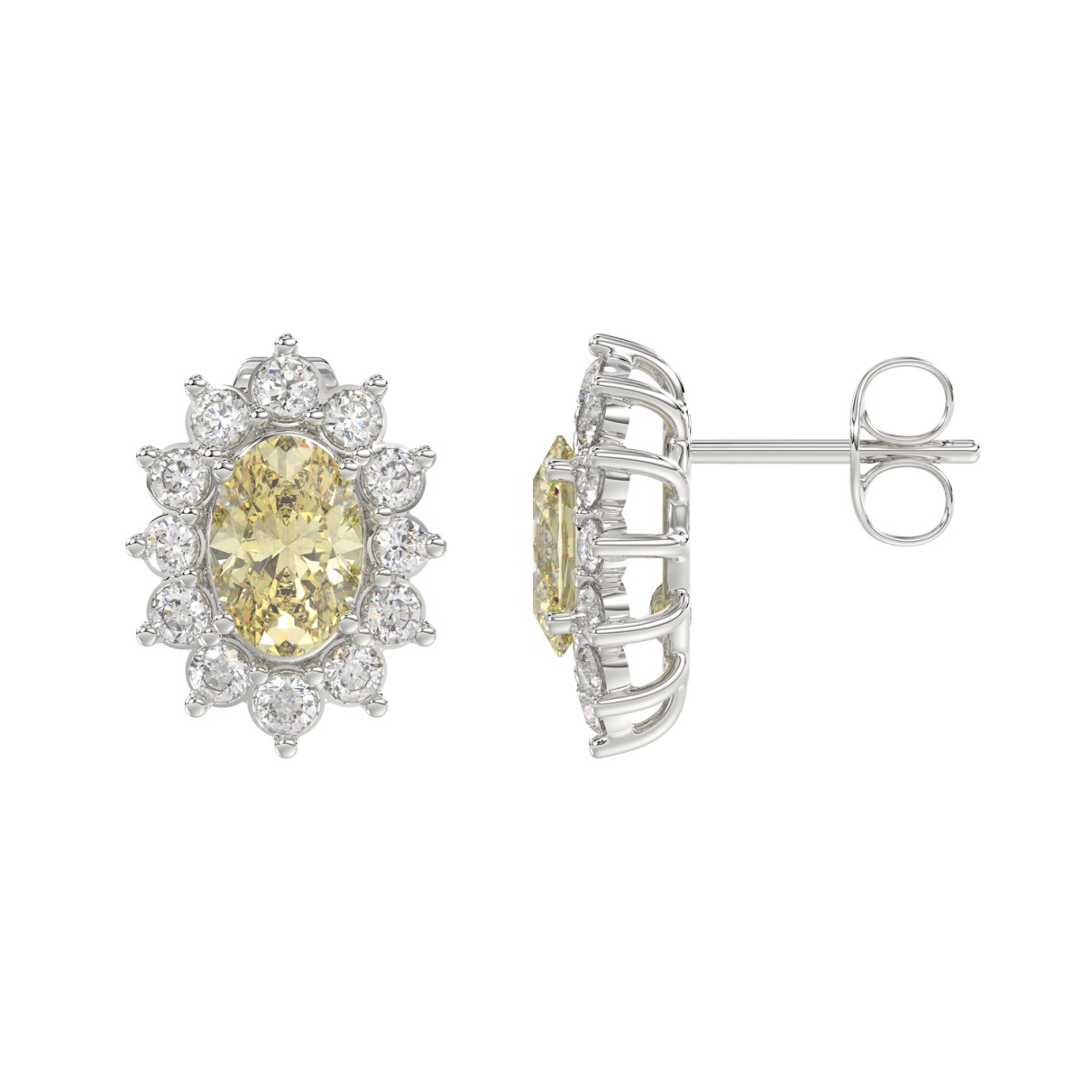 14K WHITE GOLD CRAFTED WITH 18K YELLOW GOLD BACK PLATE 1 1/2CT ROUND/YELLOW OVAL DIAMOND LADIES EARRINGS