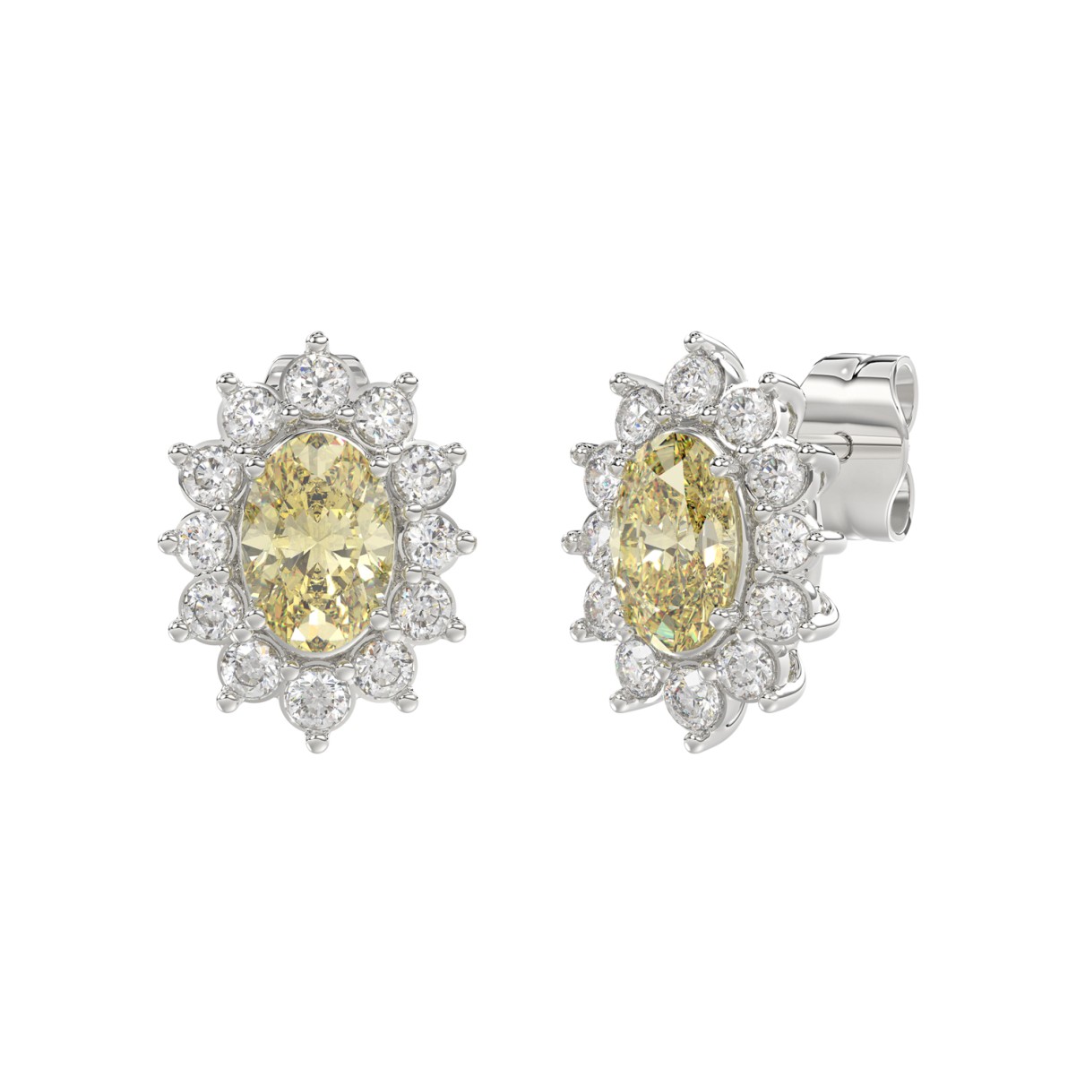 14K WHITE GOLD CRAFTED WITH 18K YELLOW GOLD BACK PLATE 1 1/2CT ROUND/YELLOW OVAL DIAMOND LADIES EARRINGS