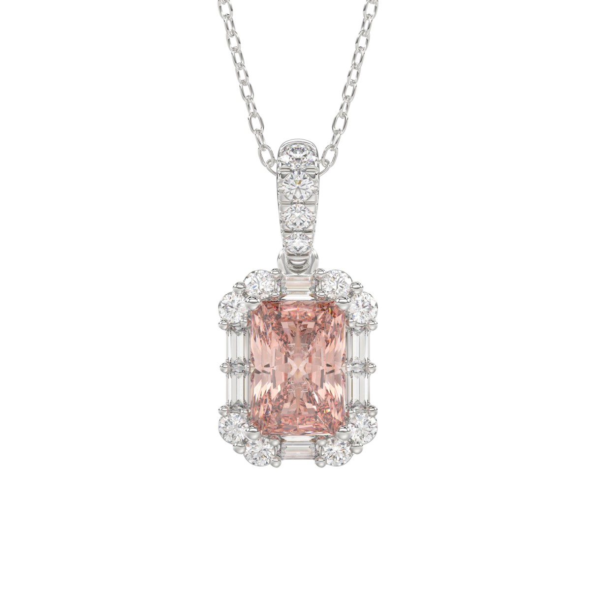 14K WHITE GOLD CRAFTED WITH 18K YELLOW GOLD BACK PLATE 1 1/4CT ROUND/BAGUETTE/PINK RADIANT DIAMOND LADIES PENDANT WITH CHAIN