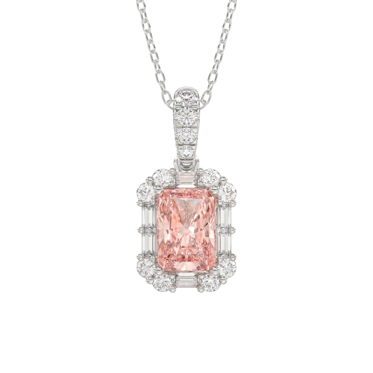 14K WHITE GOLD CRAFTED WITH 18K YELLOW GOLD BACK PLATE 1 1/4CT ROUND/BAGUETTE/PINK RADIANT DIAMOND LADIES PENDANT WITH CHAIN