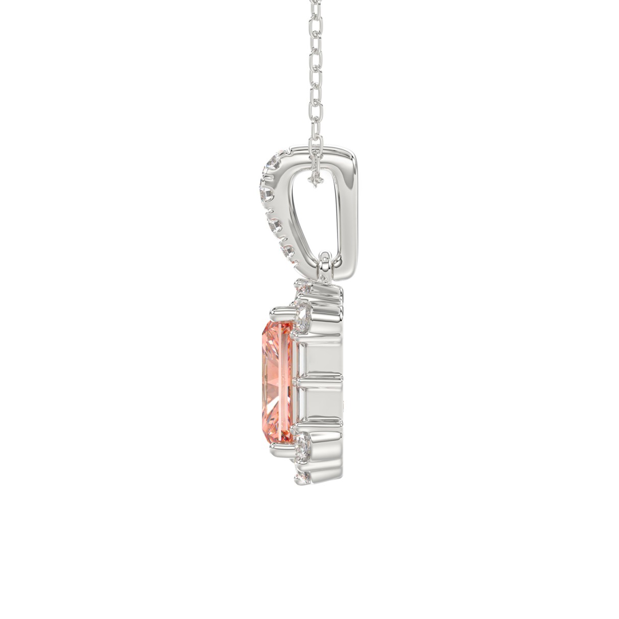 14K WHITE GOLD CRAFTED WITH 18K YELLOW GOLD BACK PLATE 1 1/4CT ROUND/BAGUETTE/PINK RADIANT DIAMOND LADIES PENDANT WITH CHAIN