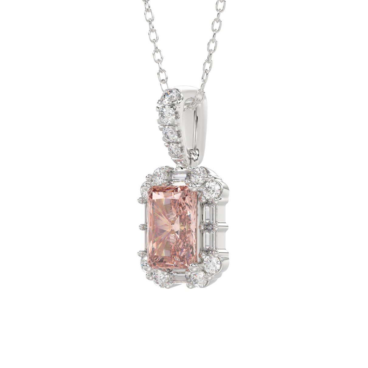 14K WHITE GOLD CRAFTED WITH 18K YELLOW GOLD BACK PLATE 1 1/4CT ROUND/BAGUETTE/PINK RADIANT DIAMOND LADIES PENDANT WITH CHAIN