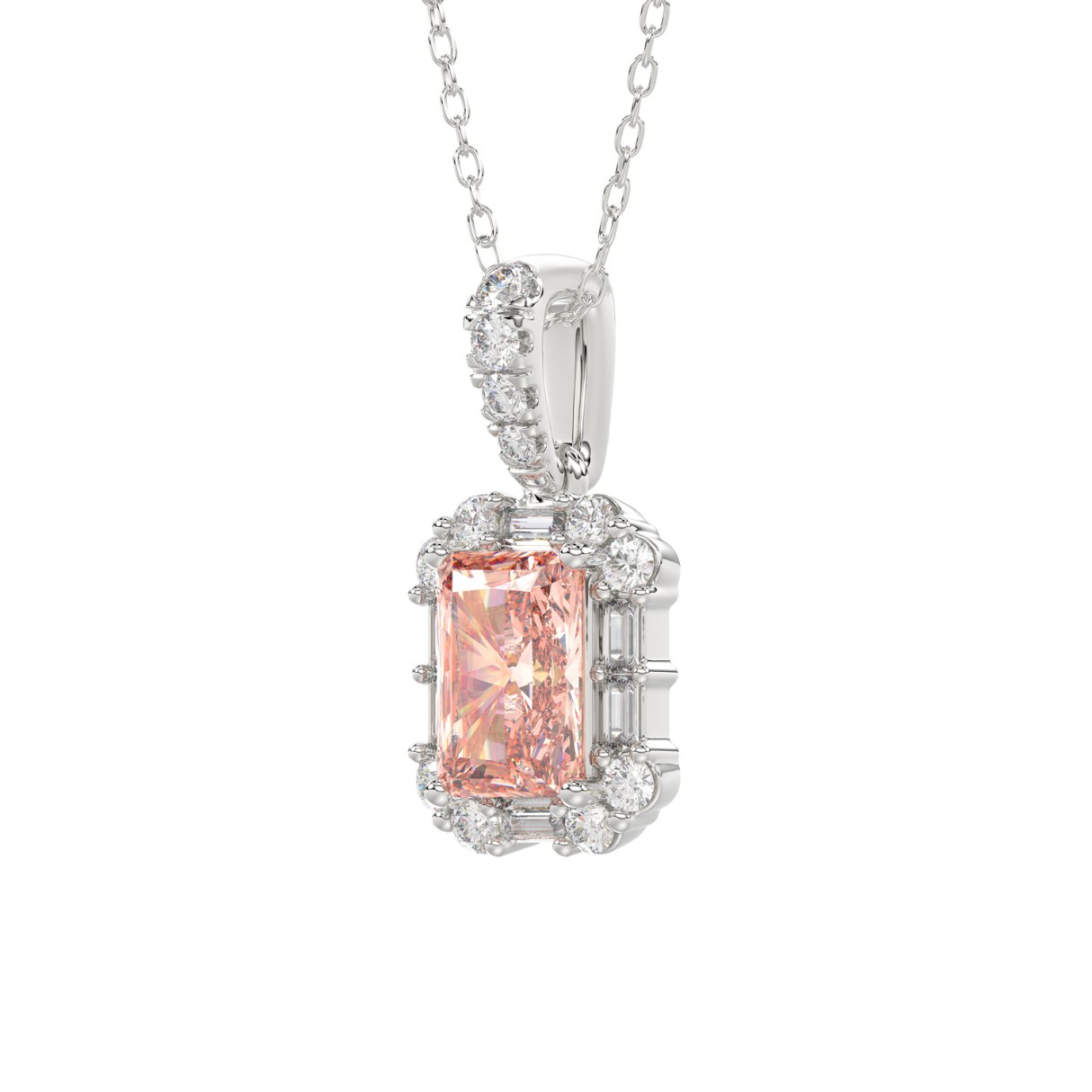 14K WHITE GOLD 1 1/4CT ROUND/PINK RADIANT/BAGUETTE DIAMOND LADIES PENDANT WITH CHAIN