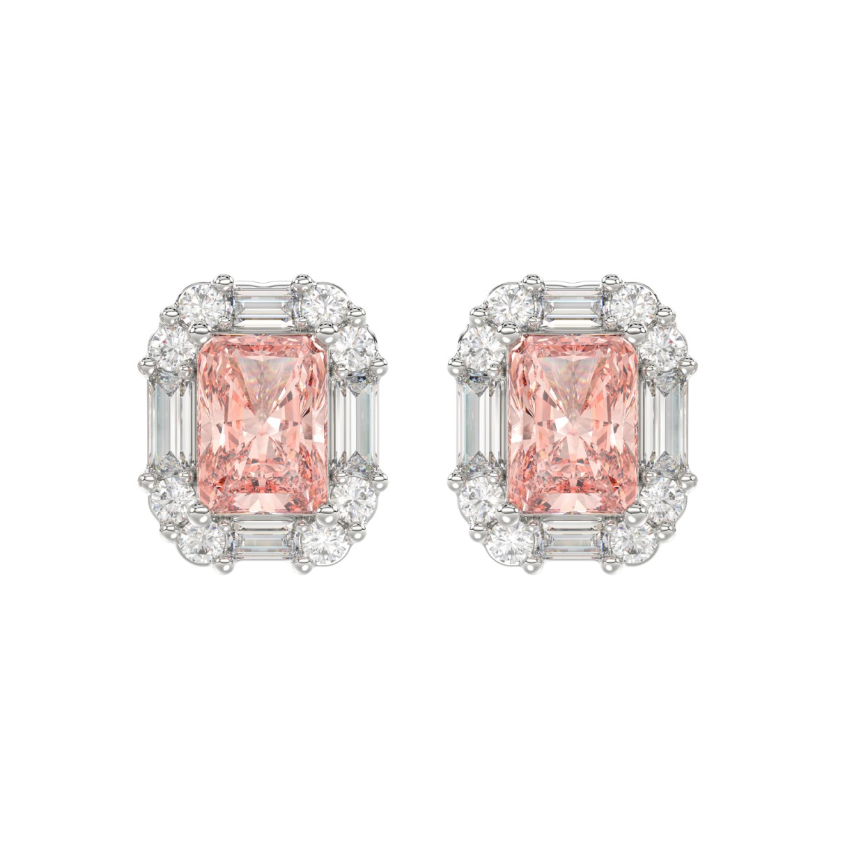 14K WHITE GOLD CRAFTED WITH 18K YELLOW GOLD BACK PLATE 1 1/3CT ROUND/PINK RADIANT/BAGUETTE DIAMOND LADIES EARRINGS