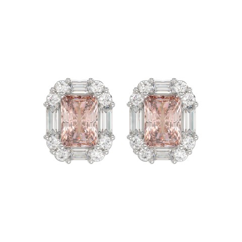 14K WHITE GOLD CRAFTED WITH 18K YELLOW GOLD BACK PLATE 1 1/3CT ROUND/PINK RADIANT/BAGUETTE DIAMOND LADIES EARRINGS