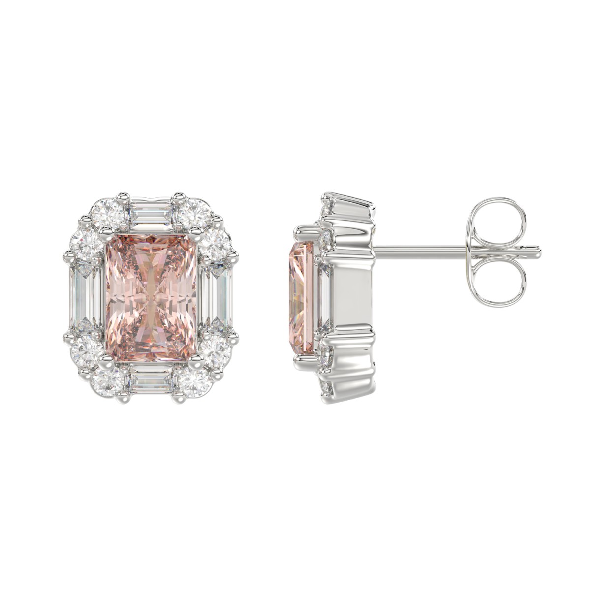 14K WHITE GOLD CRAFTED WITH 18K YELLOW GOLD BACK PLATE 1 1/3CT ROUND/PINK RADIANT/BAGUETTE DIAMOND LADIES EARRINGS