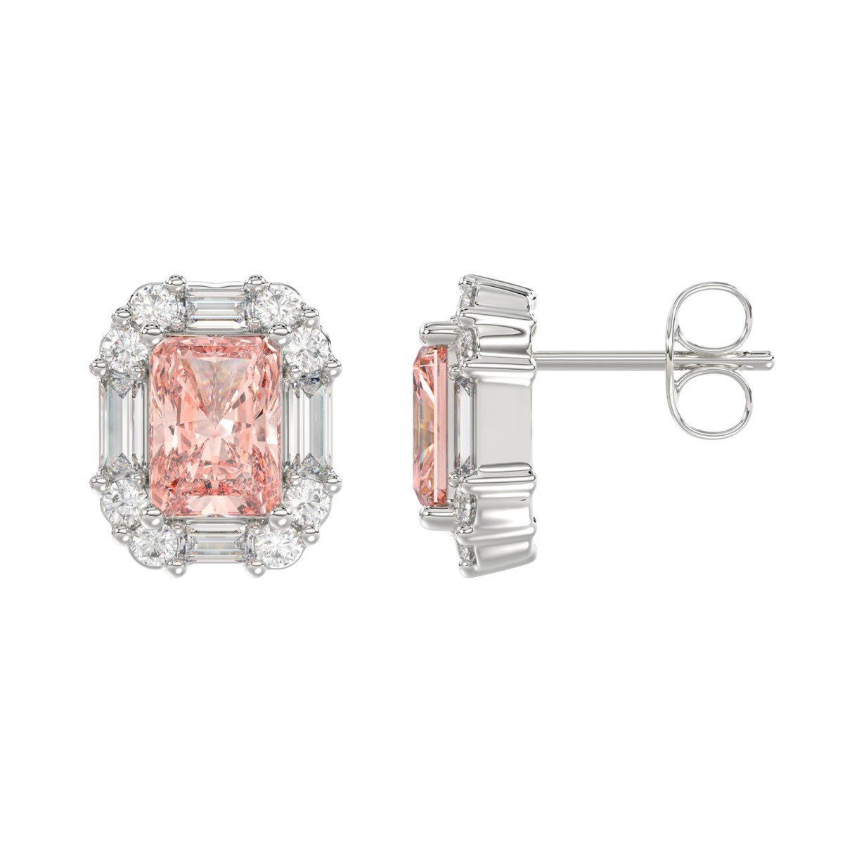 14K WHITE GOLD CRAFTED WITH 18K YELLOW GOLD BACK PLATE 1 1/3CT ROUND/PINK RADIANT/BAGUETTE DIAMOND LADIES EARRINGS