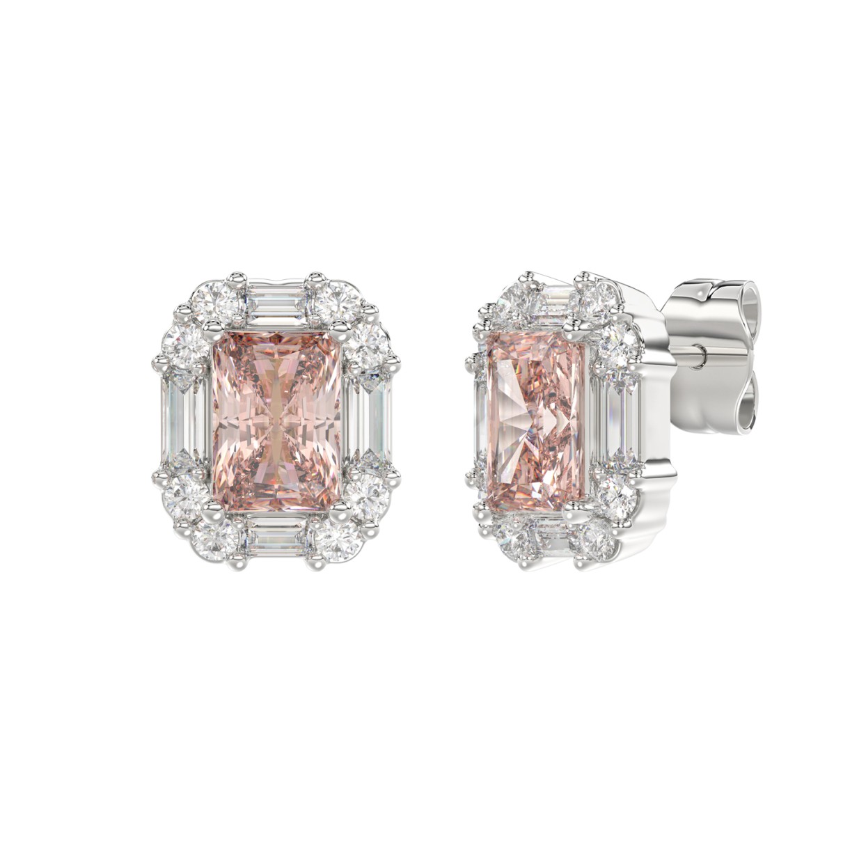 14K WHITE GOLD CRAFTED WITH 18K YELLOW GOLD BACK PLATE 1 1/3CT ROUND/PINK RADIANT/BAGUETTE DIAMOND LADIES EARRINGS