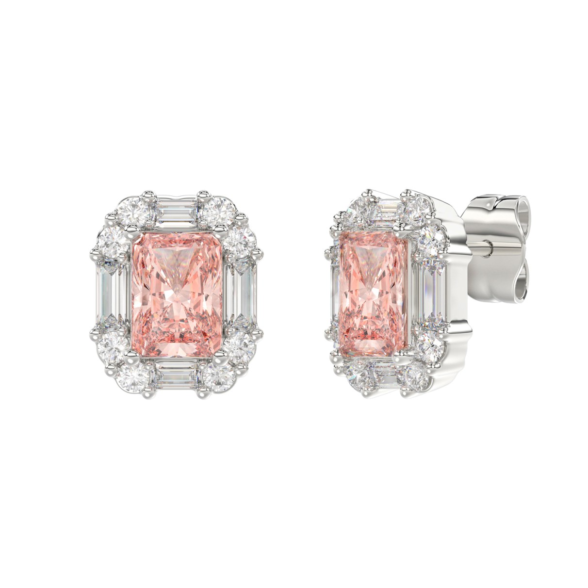 14K WHITE GOLD CRAFTED WITH 18K YELLOW GOLD BACK PLATE 1 1/3CT ROUND/PINK RADIANT/BAGUETTE DIAMOND LADIES EARRINGS