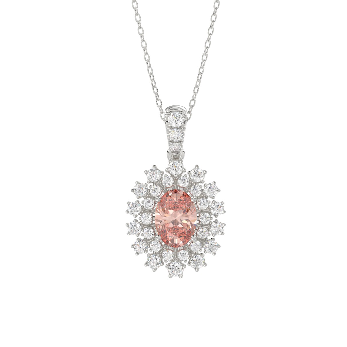 14K WHITE GOLD CRAFTED WITH 18K YELLOW GOLD BACK PLATE 1 1/2CT ROUND/PINK OVAL DIAMOND LADIES PENDANT WITH CHAIN