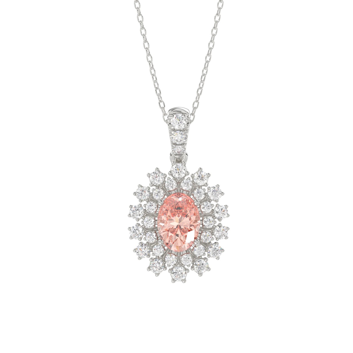 14K WHITE GOLD CRAFTED WITH 18K YELLOW GOLD BACK PLATE 1 1/2CT ROUND/PINK OVAL DIAMOND LADIES PENDANT WITH CHAIN