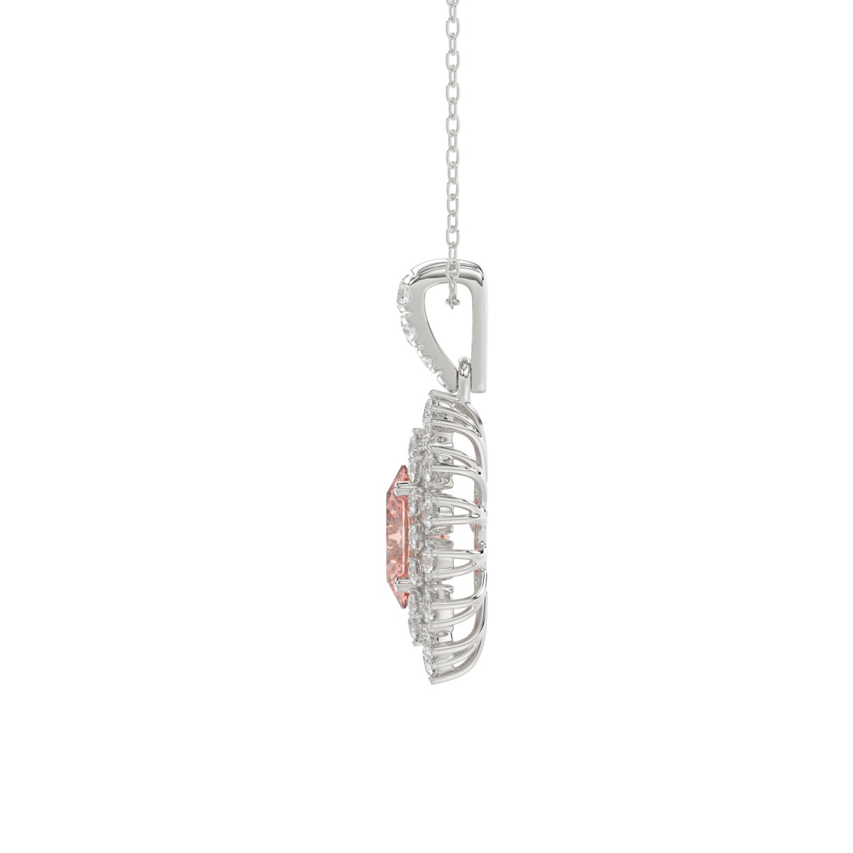 14K WHITE GOLD CRAFTED WITH 18K YELLOW GOLD BACK PLATE 1 1/2CT ROUND/PINK OVAL DIAMOND LADIES PENDANT WITH CHAIN