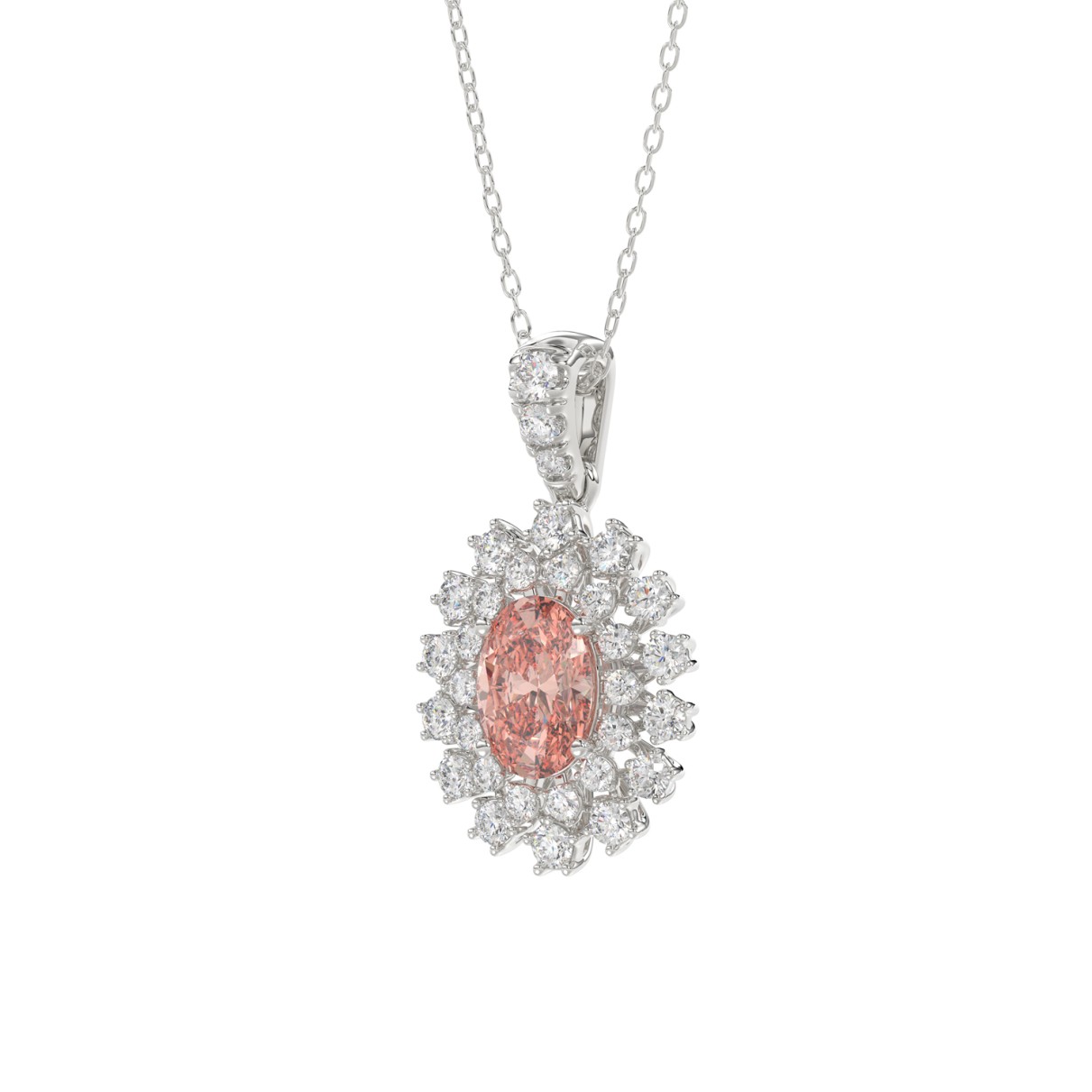 14K WHITE GOLD CRAFTED WITH 18K YELLOW GOLD BACK PLATE 1 1/2CT ROUND/PINK OVAL DIAMOND LADIES PENDANT WITH CHAIN