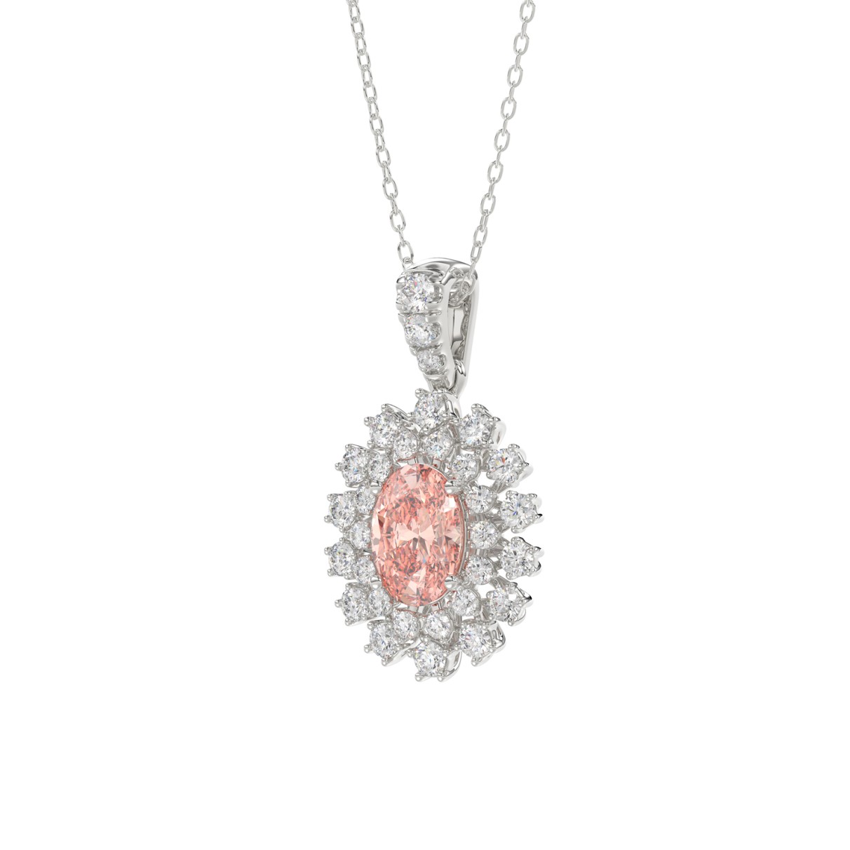 14K WHITE GOLD CRAFTED WITH 18K YELLOW GOLD BACK PLATE 1 1/2CT ROUND/PINK OVAL DIAMOND LADIES PENDANT WITH CHAIN