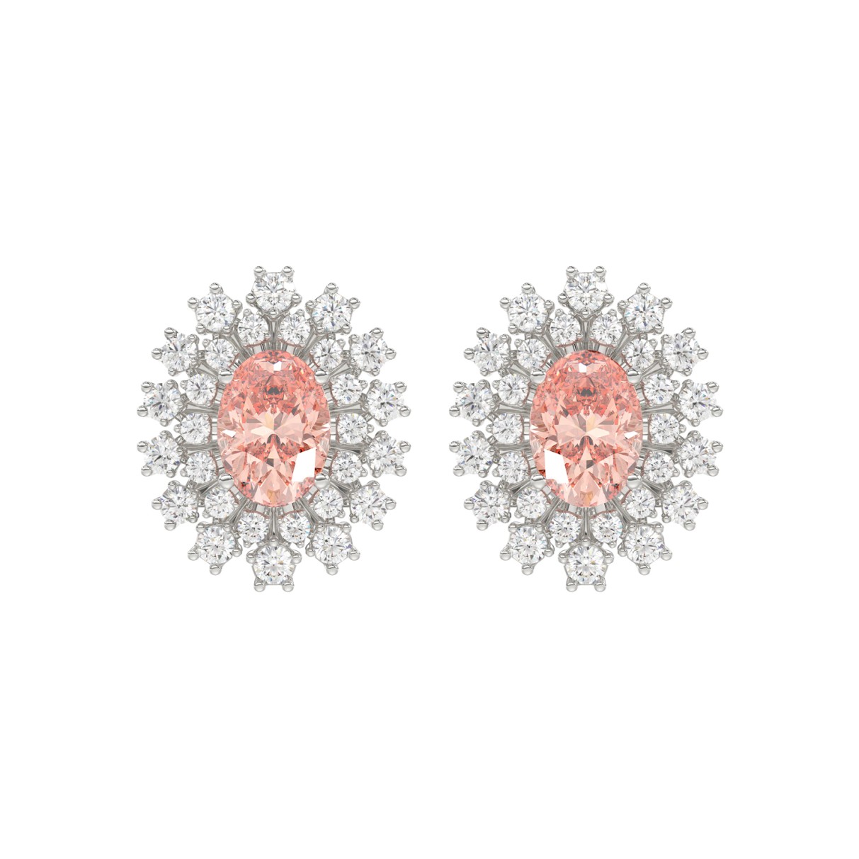 14K WHITE GOLD CRAFTED WITH 18K YELLOW GOLD BACK PLATE 1 1/2CT ROUND/PINK OVAL  DIAMOND LADIES EARRINGS